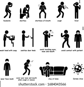 Stick figure symptoms and prevention virus transmission pandemic outbreak