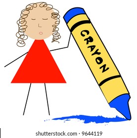 stick figure teacher holding up wax crayon - vector