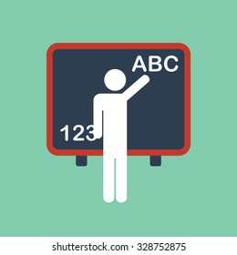 Stick figure teacher icon pointing towards a blackboard.