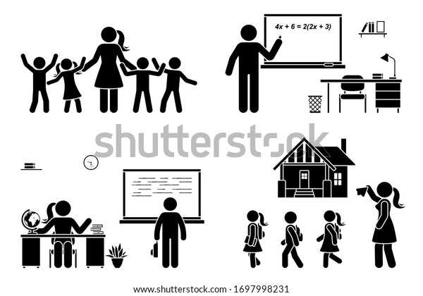 Stick Figure Teacher Kids Writing On Stock Vector (Royalty Free) 1697998231