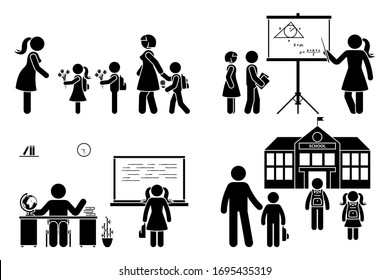 Stick figure teacher, school boy, girl go first day, study, learning knowledge vector icon pictogram. Parents with children, kids walking to preschool, primary, elementary education set