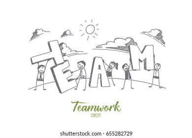 Stick figure teamwork concept sketch with people holding together letters of the word team outdoors and lettering