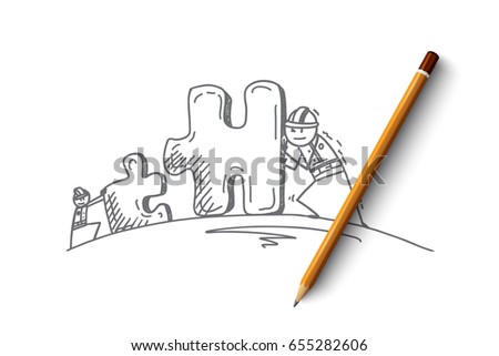 Stick figure  teamwork concept sketch with people moving pieces of puzzle towards each other to meet and pencil over the sketch