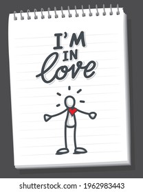 Stick figure with text i'm in love. Hand drawn figure with red heart. Hand lettering. Vector print illustration. 