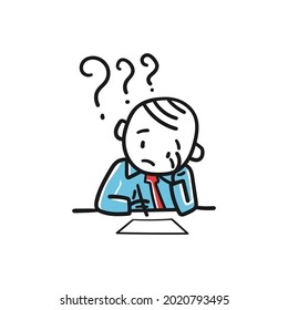 Stick figure in thinking posture. Stick man thinking about a solution to a question. Vector illustration isolated on white