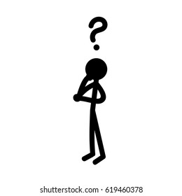 Stick figure in thinking posture. Stick man thinking about a solution to a question. Vector illustration isolated on white