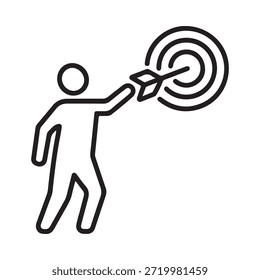Figura de palo que lanza un dardo hacia una ilustración de arte de línea simple objetivo