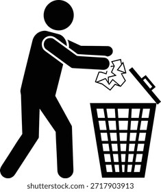 Figura de palo que tira la basura de la gestión de residuos conciencia ambiental transparente. Representa la responsabilidad de reciclar la contaminación pictograma de eliminación de basura