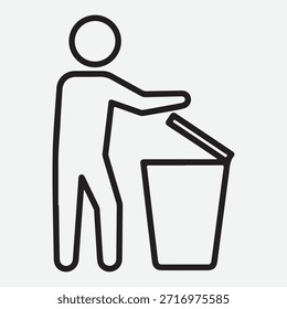 Figura de palo que tira la basura en la ilustración de la papelera en el fondo blanco