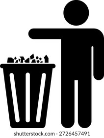 Figura de palo que tira la basura en un cubo de basura gestión de residuos al aire libre
