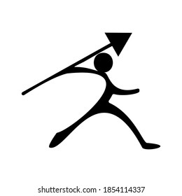 Stick figure throws arrow, like javelin throw, symbol to move forward, growth, or success, vector illustration