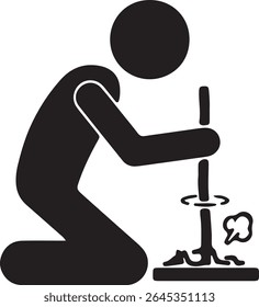 A stick figure is using a bow drill to make fire.