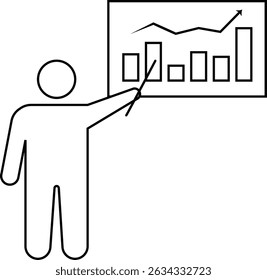 A stick figure using a pointer to present a bar graph showing a fluctuating but overall upward trending line. This illustration signifies business analysis, financial reporting, data visualization