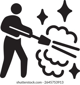 A stick figure is using a pressure washer, with suds and sparkle shapes indicating cleaning action. The image depicts power washing.
