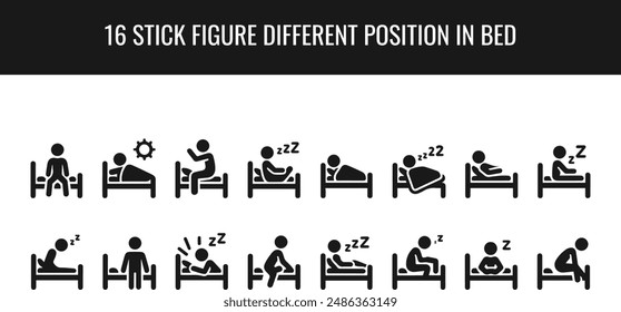 Stick figure in various fitness exercises. Vector illustration of running, lifting weights, doing yoga, and stretching person icon symbol sign set pictogram on white background.