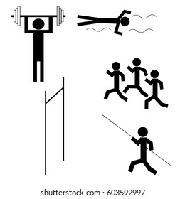 Stick figure of various sports on the white background