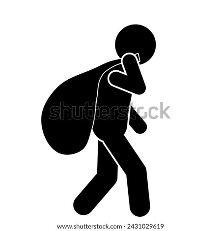  stick figure vector illustration carrying a trash bag, plastic bag