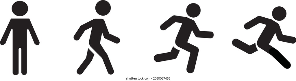 Stick figure walk and run. Running animation. Posture stickman. People icons set. Man in different poses and positions. Black
