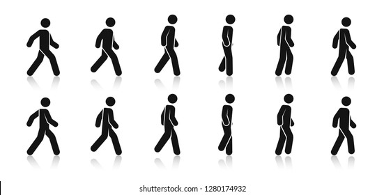 Stick figure walk. Walking animation. Posture stickman. People icons set. Man in different poses and positions. Black silhouette. Simple cute modern design. Flat style vector illustration.