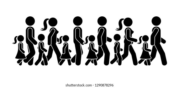 Stick Figure Walking Group Of People Vector Icon Pictogram. Man, Woman And Children Moving Forward Sequence Set