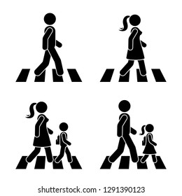 Stick figure walking pedestrian vector icon pictogram. Man, woman and children crossing road set