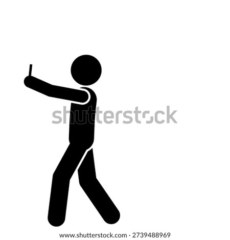 Stick figure walking and taking selfie photo
