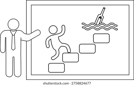 A stick figure walks up steps to a bottle afloat a presenter stands beside the scene