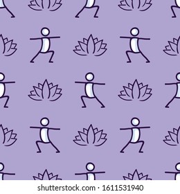 Stick figure warrior yoga pose with lotus flower seamless vector pattern. Hand drawn peace zen and wellness background. Physical exercise fitness home decor. Health aerobics all over print. 