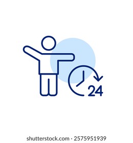 Stick figure waving hand and 24 hours clock. Non-stop service commitment, constant growth and support. Pixel perfect, editable stroke icon