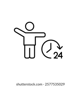 Stick figure waving hand and 24 hours clock. Non-stop service commitment, constant growth and support. Pixel perfect vector icon