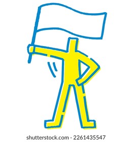 A stick figure waving a white flag. Hand-drawn vector data.