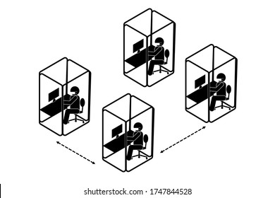 Stick Figure Wearing Mask Working In Office Box. New Normal And Social Distancing Concept. Pictogram Vector Illustration.