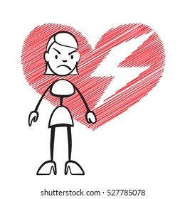 Stick figure woman with broken heart, Stickman vector drawing on white background