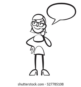 Stick figure woman considering persona, Stickman vector drawing on white background