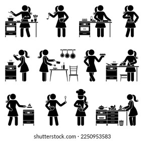 Stick figure woman cooking at home kitchen vector illustration set. Stickman person preparing meal icon pictogram