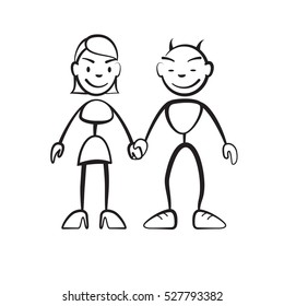 Stick figure woman and devil hand in hand, vector drawing on white background