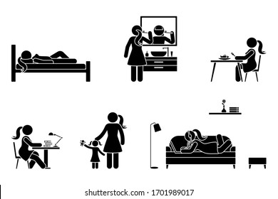 Stick figure woman everyday life time activities vector icon set. Sleep, brush teeth, eat, sit at desk, work, study, play with kid, lay on sofa, listen to music, use laptop pictogram