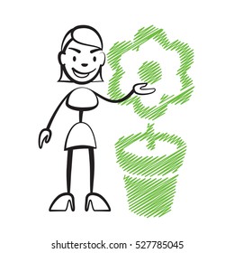 Stick figure woman with flower, Stickman vector drawing on white background