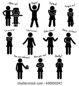 Stick Figure of Woman / Girl / Person Thinking / Crying / Being Tired / Feeling Despair / Depression / Indignation / Guilt / Begging Pardon / Pointing / Listening. Emotional Body Language Vector Set