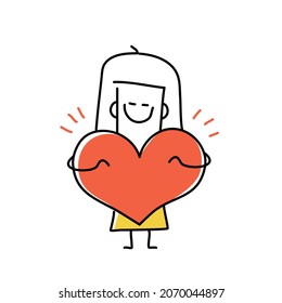 Stick figure woman holding a big red heart. Love, help, charity, health and care concept. Doodle style. Vector illustration.