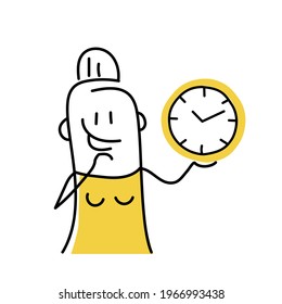 Stick figure of woman holding a clock in her hand. Time management, plan your time, deadline concept. Vector illustration.
