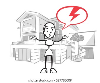 Stick figure woman house insurance case, Stickman vector drawing on white background