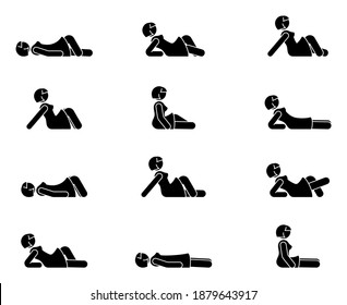 Stick figure woman lie down various positions vector illustration icon set. Female person sleeping, laying, sitting on floor, ground side view silhouette pictogram