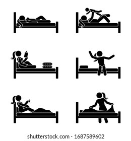 Stick figure woman lying in bed, reading book, drinking coffee, playing with kid, stretching, making bed vector illustration pictogram set