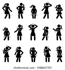 Stick figure woman with multiple joint pains, headache, stomachache, knee, shoulder, elbow, heart, hip icon vector. Lady, girl having back pain, sore muscles, lower abdomen ache pictogram