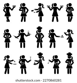 Stick figure woman, person with kitchen utensils vector set. Female cooking, baking, frying, mixing icon sign pictogram 