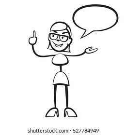 Stick figure woman persona with speech bubble, Stickman vector drawing on white background