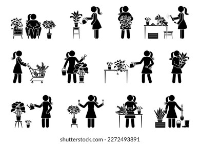 Stick figure woman planting home flowers vector illustration set. Female person taking care of houseplant icon pictogram