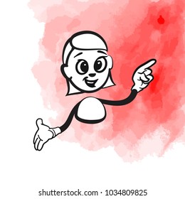 Stick figure woman pointing up. Beautiful hand drawn vector sketch. Colorful scene for social media and print decoration.