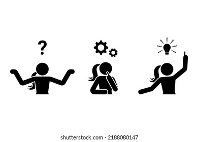 Stick figure woman problem solution reasoning vector illustration. Question, thinking, idea, insight, decision icon set